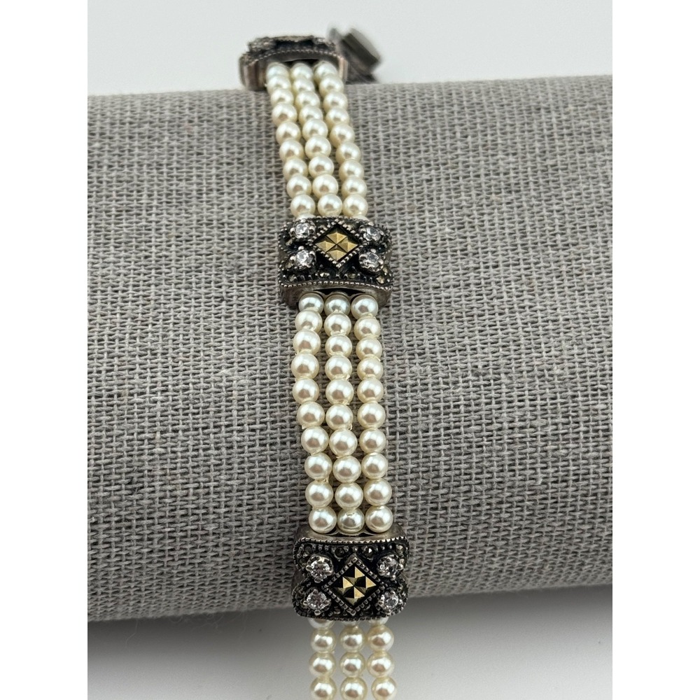 Judith Jack‎ Sterling Silver Marcasite 3 Strand Faux Pearl Bracelet